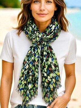 Ann Taylor Oblong Scarf Multi-Color Raw Fringe Rayon + Wool Watercolor 72"